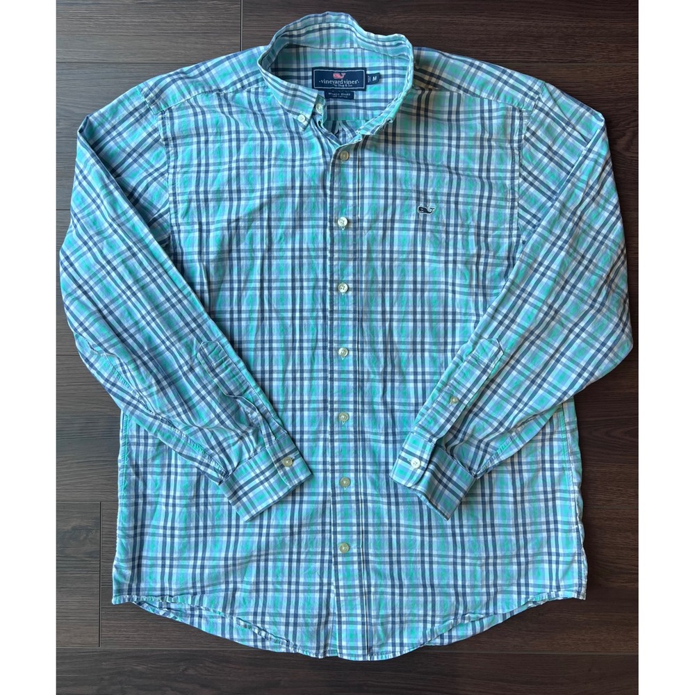 Vineyard Vines Whale Shirt Mens Medium Blue Green Plaid Cotton Button Down M